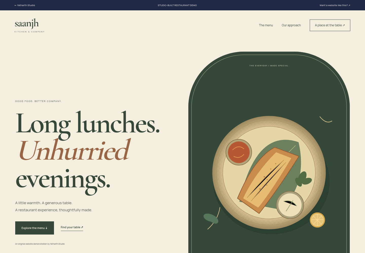 Screenshot of the actual working Saanjh Kitchen demo website